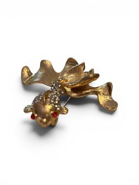 Gold Koi Fish Brooch with Red Crystal Eyes